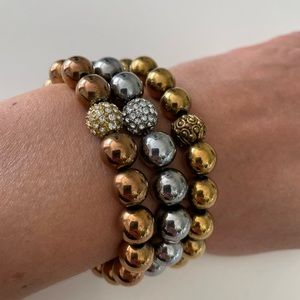 Gold, Silver and Copper Tone Hematite w/ Crystal Pave Bead Bracelet Set